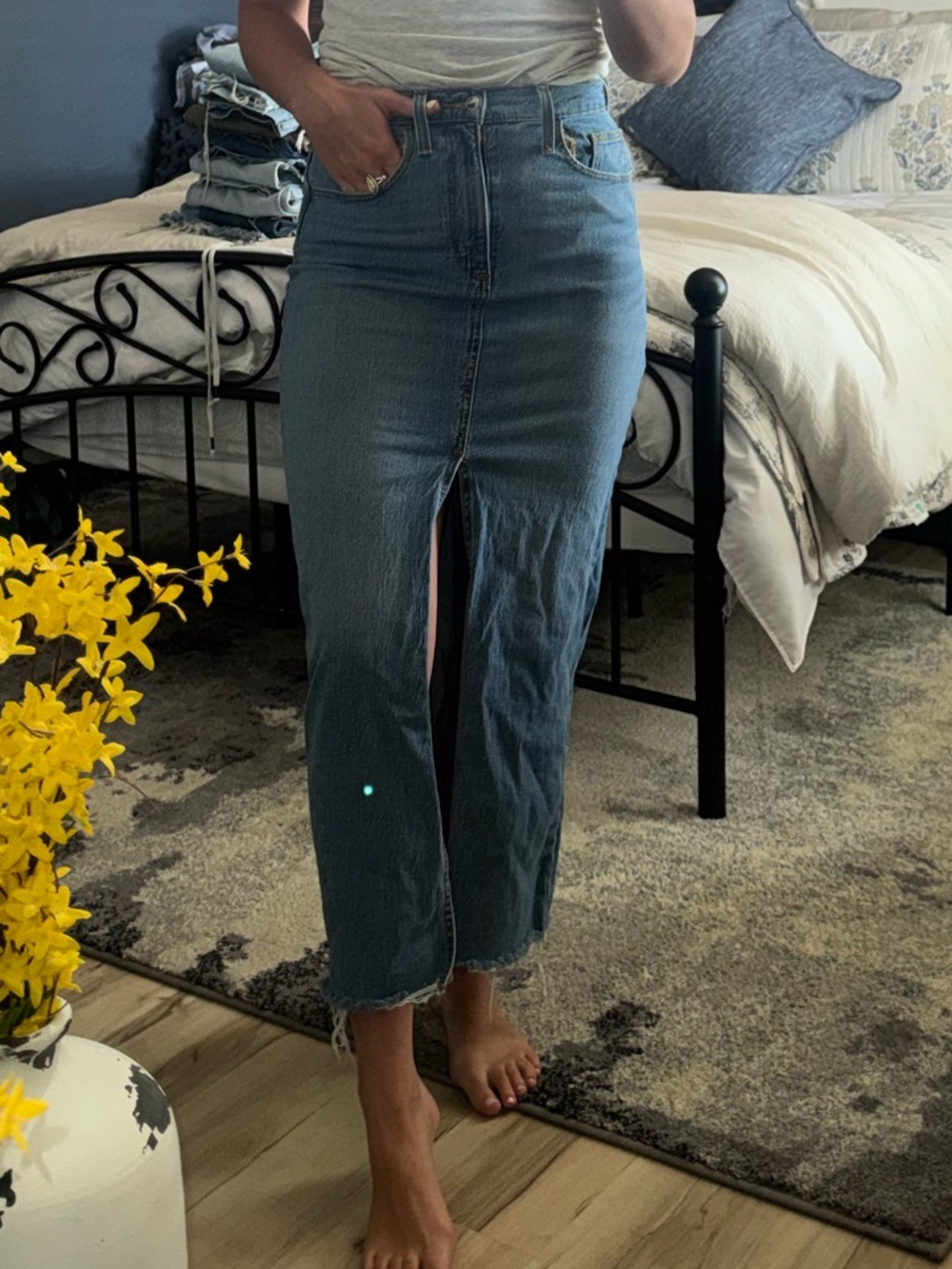 Universal Thread Denim Midi Skirt in Blue with Front Slit